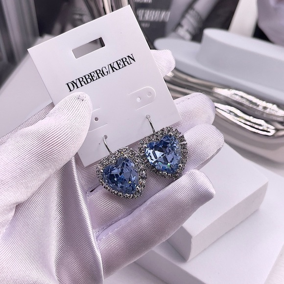 Light Blue Heart And Clear Crystals Silver Earrings, Sterling Silver Plated - Picture 2 of 5